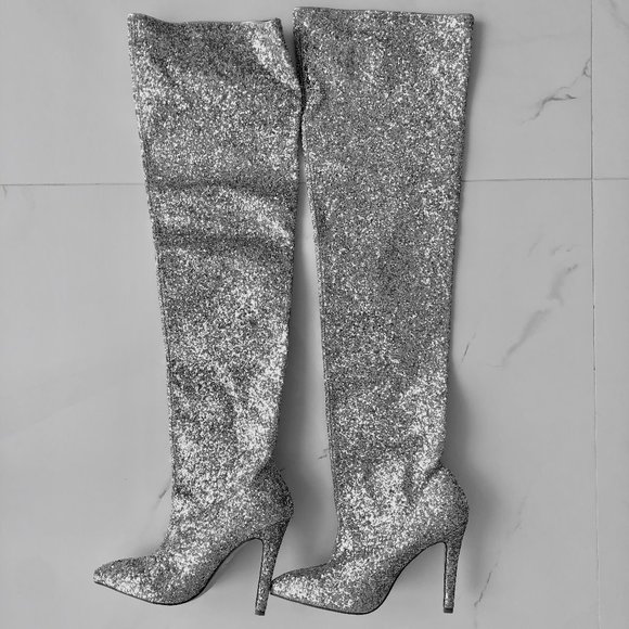 NA Shoes Knee High Silver Glitter Boots With 2 Inch Heel Poshmark